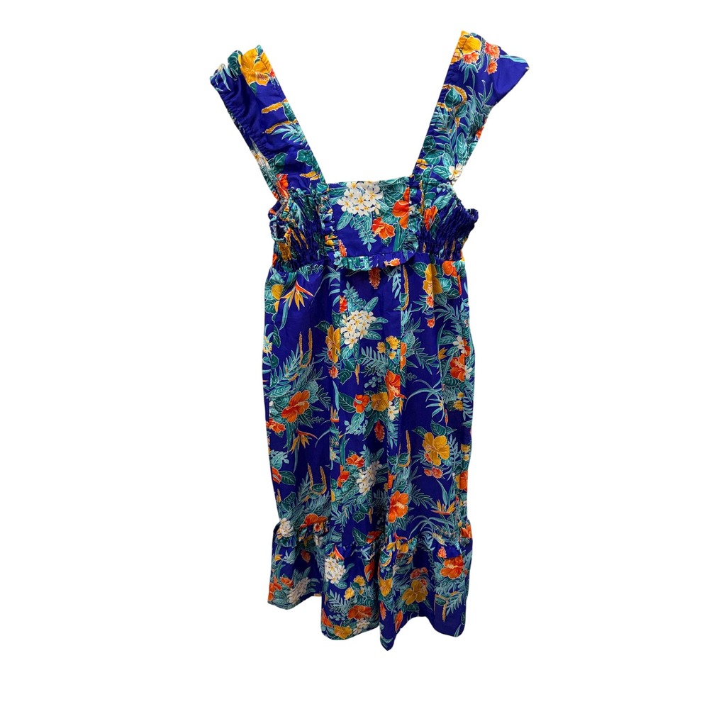 Vintage Liberty House of Hawaii Blue Floral Tropical Ruffle Satin Midi Sundress